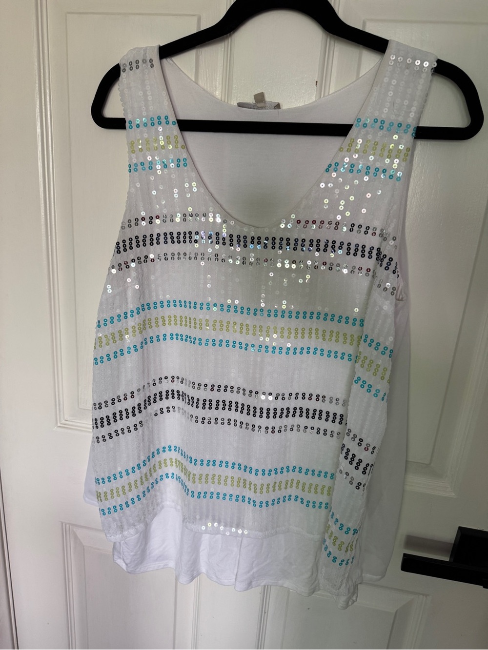 Joan Vass White Sequin Stripe Tank with Blue, Black & Gold Accents